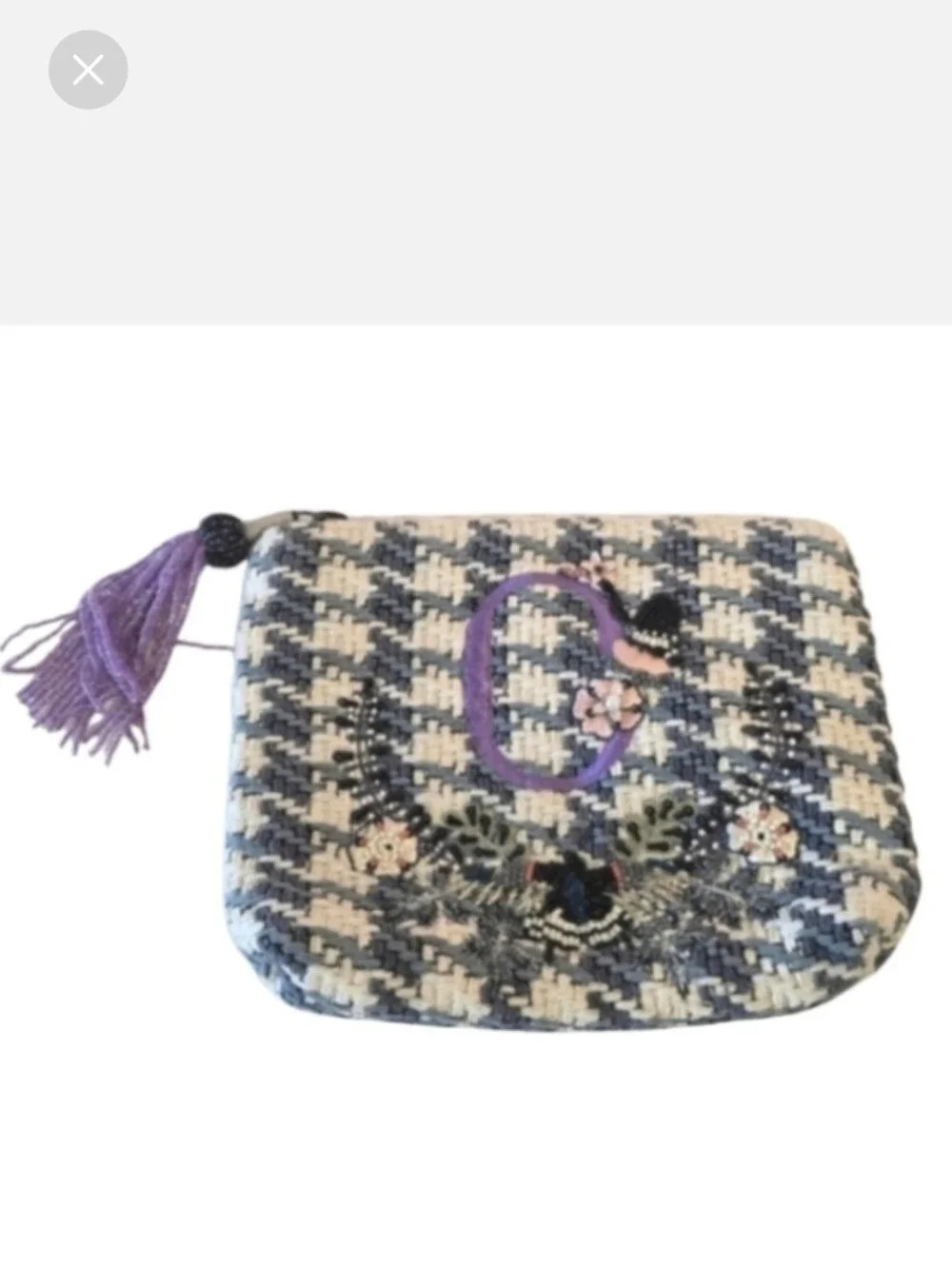 Anthropologie C Embroidered Houndstooth Clutch Beaded Design Tweed Mini Bag
